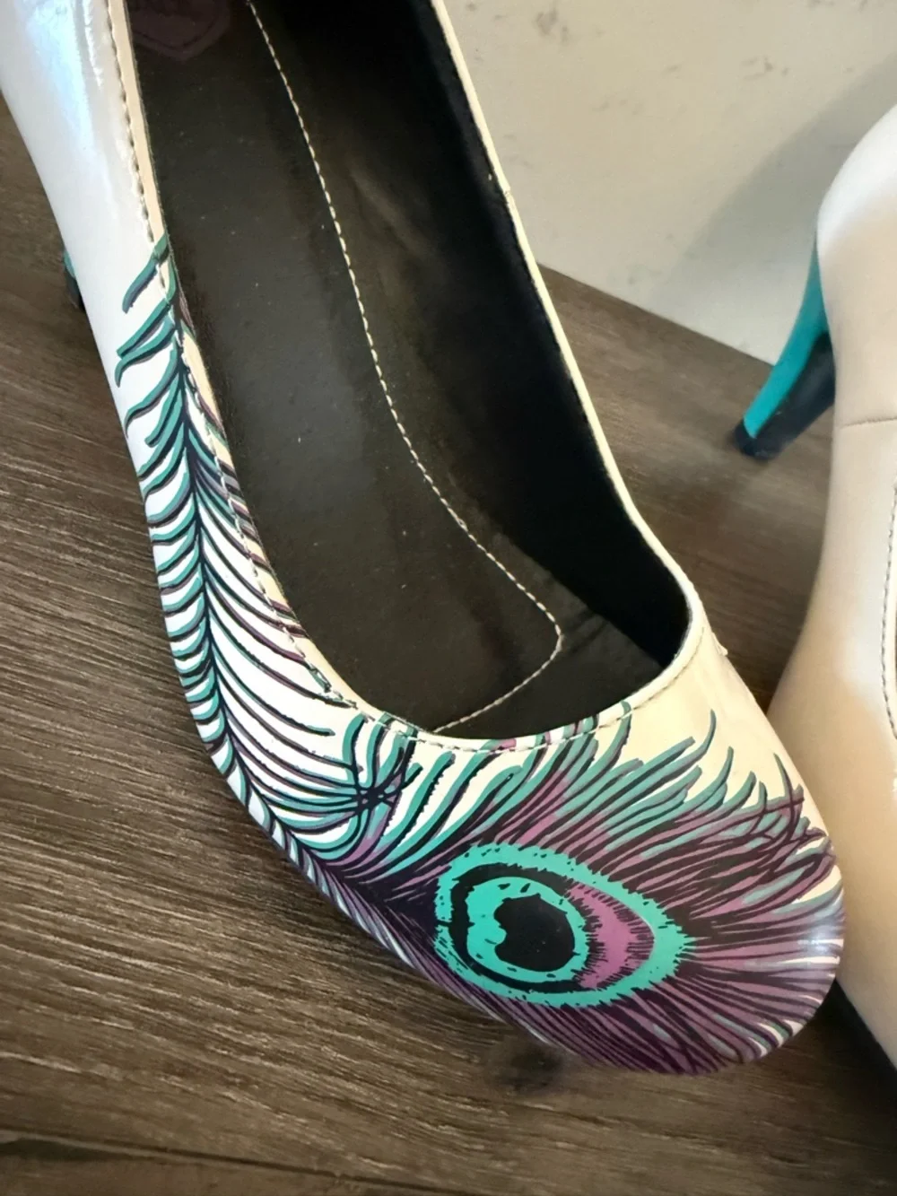 White Heels with Teal & Purple Peacock Feather Accent - Picture 2 of 9